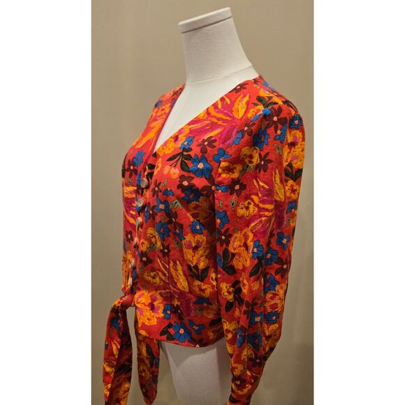Maison d' Amelie Anthropologie Linen Blend Colorful Floral Crop Tie Hem Top XS - Picture 4 of 11